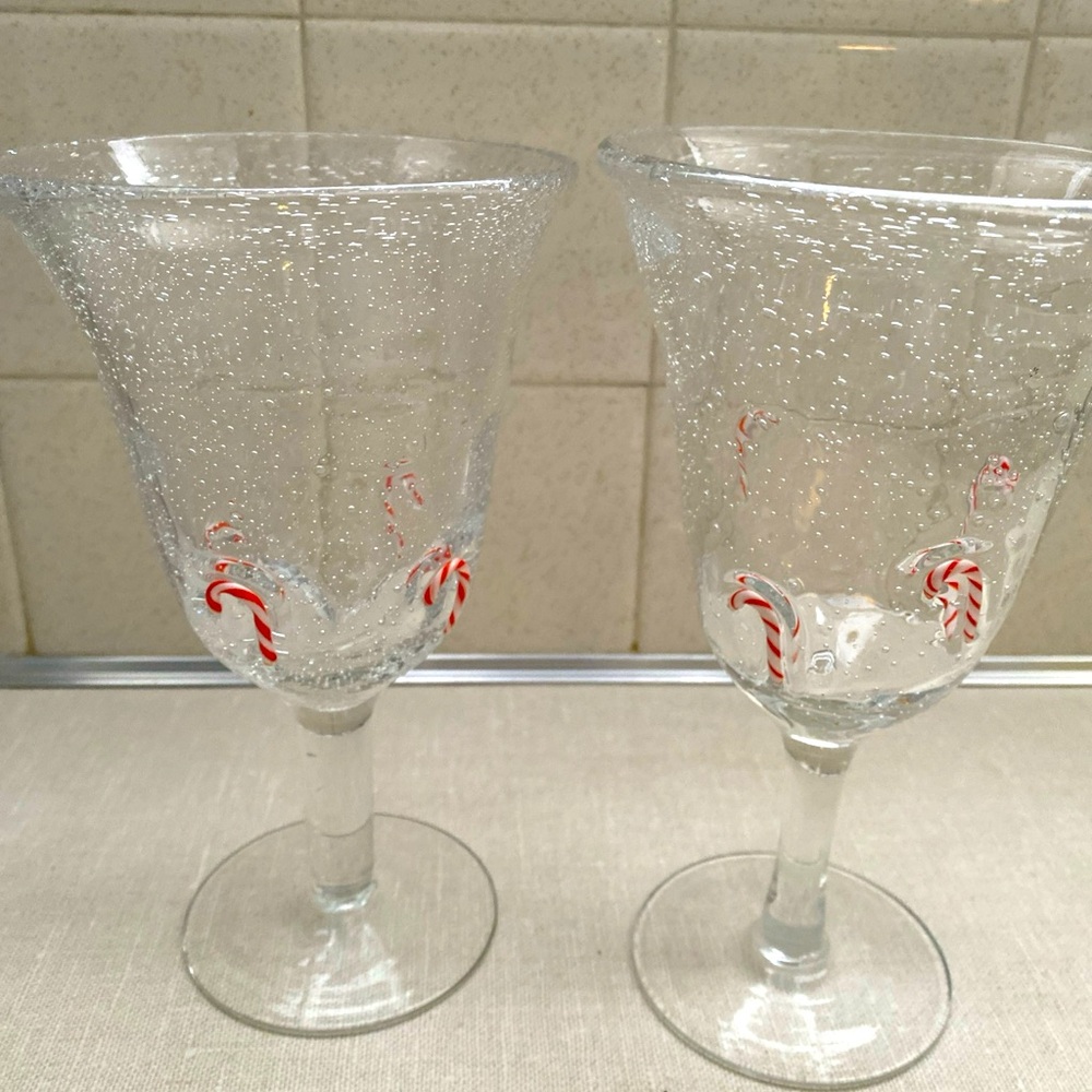 ARTLAND GOBLETS‎ Holiday Candy Canes Clear Seeded Bubble Hand-Blown Glass Set 2